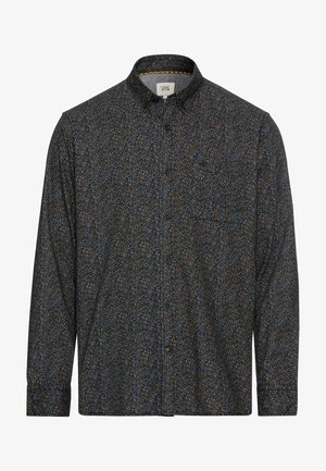 Koszula z długim rękawem w ciemnym materiale, ozdobiona wielokolorowym wzorem kwiatowym. Kołnierzyk zapinany na guziki z jedną kieszenią na piersi. Miękka tekstura.