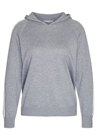 Sudadera gris hecha de una tela suave, con capucha ajustable, puños acanalados y rayas blancas a los lados de las mangas. Diseño simple y casual.
