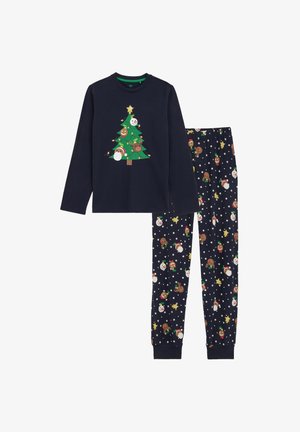 Mornarske pidžame s prazničnim motivima koje se sastoji od dugih rukava s grafikom drveta i hlača s uzorkom snjegovića, irvasa i zvijezda.