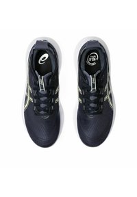 Baskets Asics en bleu marine avec un dessus texturé, une semelle blanche et des accents clairs contrastants. Dotées de lacets et du logo sur la languette.