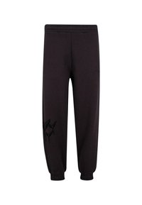 Sorte sweatpants med elastisk talje og manchetter, prydet med en subtil mørk grafik af tre fugle på venstre ben.