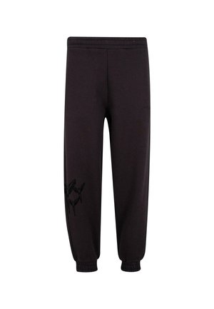 Pantaloni della tuta neri con vita e polsini elasticizzati, caratterizzati da una grafica scura e sottile di tre uccelli sulla gamba sinistra.