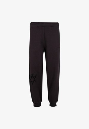 Pantaloni della tuta neri con vita e polsini elasticizzati, caratterizzati da una grafica scura e sottile di tre uccelli sulla gamba sinistra.