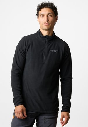 Pullover in pile nero con collo a zip quarti, tessuto leggero, maniche lunghe e logo sul lato sinistro del petto.