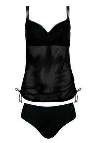 Czarny tankini z siateczki z wyjmowanymi miseczkami, regulowanymi ramiączkami, sznurkami po bokach do dopasowania oraz pasującymi, gładkimi czarnymi majtkami bikini.