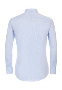 Lichtblauw gestreept overhemd met lange mouwen, een getailleerd ontwerp, knoop manchetten en een klassieke kraag. Katoenmix stof, gladde textuur.