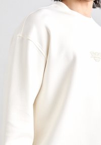 Sudadera de color crema con un ajuste relajado, que presenta detalles cosidos, un cuello de canalé y un logo en relieve en el pecho.