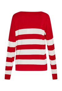 Rood-witte gestreepte langemouwentrui met een ronde hals en een losse pasvorm. Gebreid materiaal met een gladde textuur.