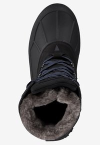 Schwarzer Schneestiefel mit einem wasserdichten Gummiaußenteil, strukturiertem Design, Kunstfellfutter und blauen Schnürsenkeln. Verfügt über einen verstärkten Schaft und eine stabile Sohle.