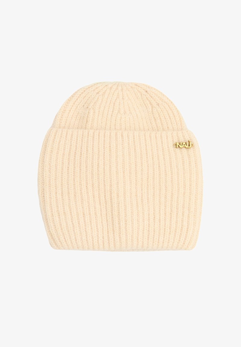 Berretto a maglia di un morbido colore crema, caratterizzato da una textura a coste e un piccolo logo dorato. Forma arrotondata con una vestibilità aderente.