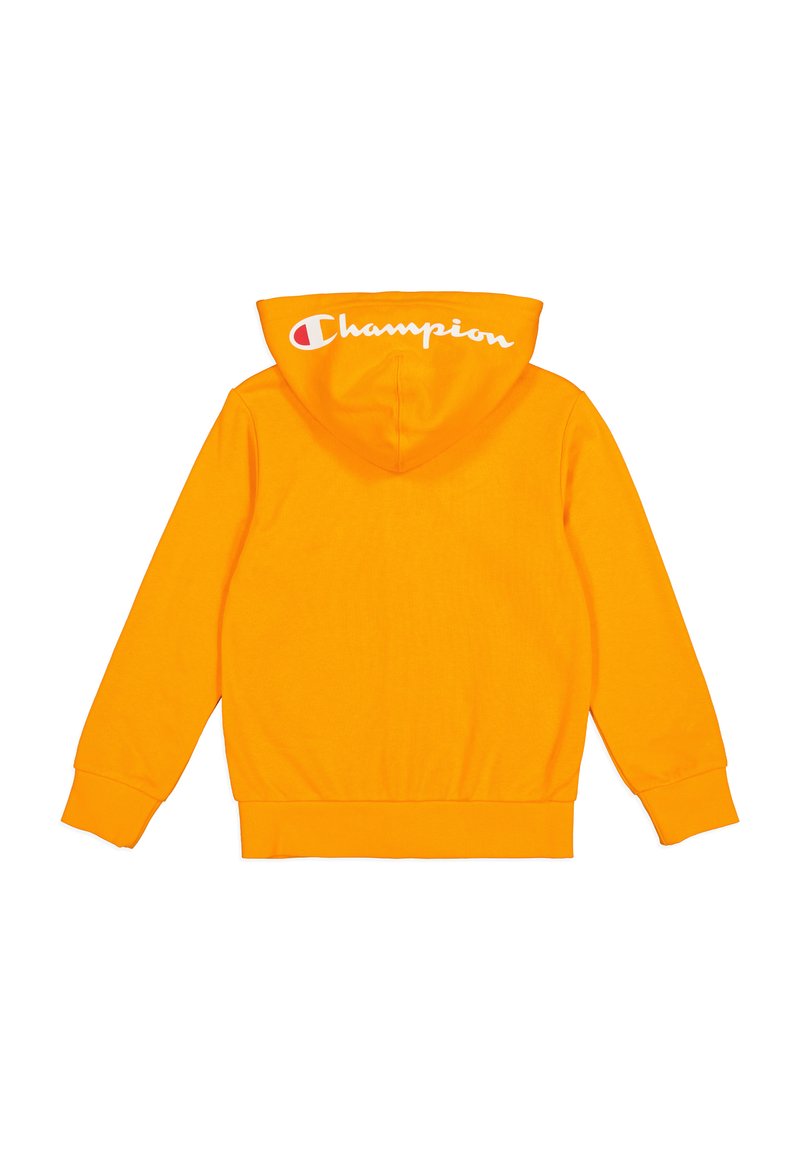 Felpa arancione con cappuccio, caratterizzata da un logo "Champion" bianco sul retro. Realizzata in materiale morbido, con polsini e orlo a coste.