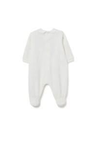 Weißer Baby-Overall mit langen Ärmeln, rundem Kragen und Druckknopfverschluss. Weicher, strukturierter Stoff mit gerafften Bündchen. Einfaches und funktionales Design.