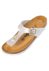Sandalo infradito in ecopelle bianca con fibbia regolabile, soletta in suede, intersuola in sughero e suola esterna in gomma bianca testurizzata.