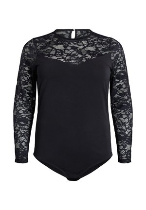 Sort langærmet bodystocking med blomsterl lace på ærmerne og den øverste del af brystet, med rund halsudskæring og knaplukning i ryggen.