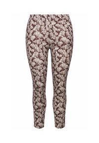 Leggings marroni con un motivo floreale bianco, design aderente, tessuto elasticizzato, con vita elastica e taglio alla caviglia.