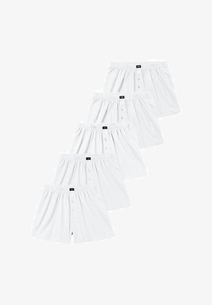 Fünf Paare weiße Baumwollboxershorts mit elastischem Bund, geknöpftem Frontbereich und glatter Textur. Einfaches Design, keine Muster oder Akzente.