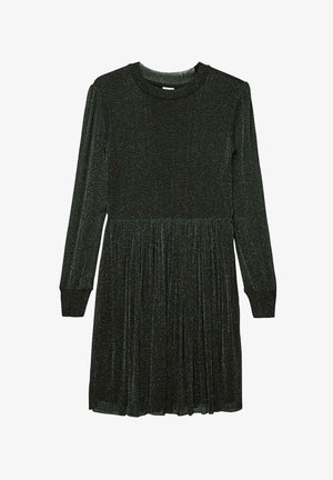 Dunkelgrünes, langärmliges Kleid aus schimmerndem Stoff. Mit rundem Ausschnitt und einem plissierten Rock für zusätzliche Textur und Fließfähigkeit.