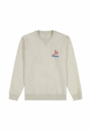 Hellgrauer Baumwollpullover mit rundem Ausschnitt, gerippten Bündchen und einem bestickten Wrangler-Logo in Rot und Blau.