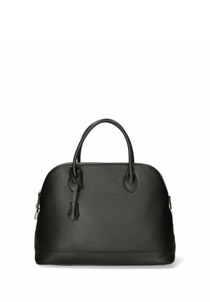 Borsa a tracolla in pelle nera con forma rotonda, finitura testurizzata, doppi manici e accessori in argento. Chiusura con zip nella parte superiore per l'accesso.