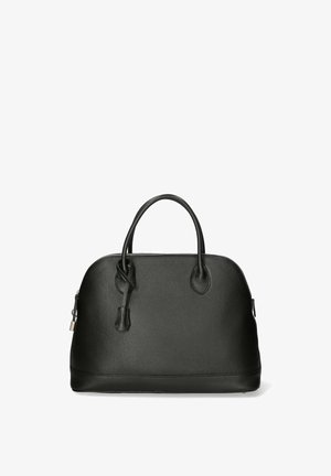 Borsa a tracolla in pelle nera con forma rotonda, finitura testurizzata, doppi manici e accessori in argento. Chiusura con zip nella parte superiore per l'accesso.