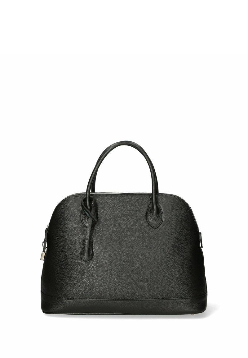 Czarna skórzana torebka o zaokrąglonym kształcie, z teksturowanym wykończeniem, podwójnymi uchwytami i srebrnymi akcentami. Zapięcie na zamek błyskawiczny na górze ułatwiające dostęp.