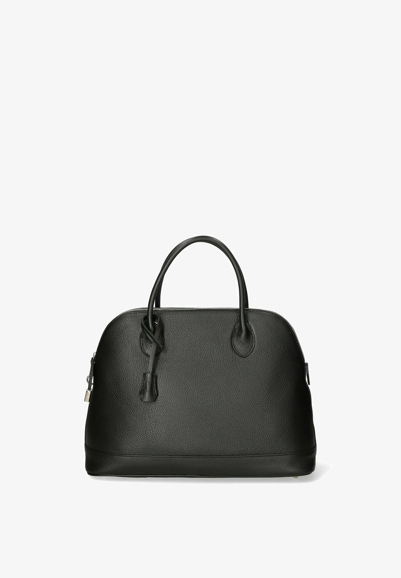 Czarna skórzana torebka o zaokrąglonym kształcie, z teksturowanym wykończeniem, podwójnymi uchwytami i srebrnymi akcentami. Zapięcie na zamek błyskawiczny na górze ułatwiające dostęp.