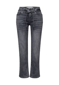 Jeans in denim grigio con vestibilità comoda, vita media, tasche anteriori e chiusura con cordino. Presentano una leggera scoloritura e un taglio dritto.