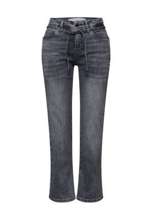 Grå denim jeans med afslappet pasform, medium høj talje, frontlommer og snøre i livet. Har en let falmen og lige ben-snit.