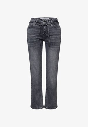 Grå denim jeans med afslappet pasform, medium høj talje, frontlommer og snøre i livet. Har en let falmen og lige ben-snit.
