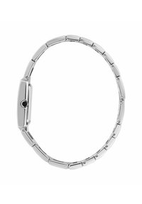 Silberne Metall-Uhr mit einem länglichen rechteckigen Zifferblatt, schwarzer Akzent in der Mitte und einem Gliederarmband-Design. Glatte und polierte Oberfläche.