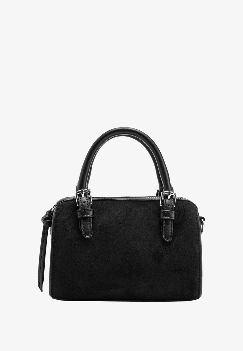 Czarna skórzana torebka z zamszu o sztywnej konstrukcji, z dwiema okrągłymi uchwytami, srebrnymi akcentami i zapięciem na zamek. Gładka tekstura.
