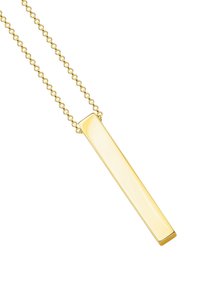 Collana d'oro con un ciondolo rettangolare su una catena sottile. Il ciondolo presenta una superficie liscia e lucida con linee pulite e senza decorazioni aggiuntive.
