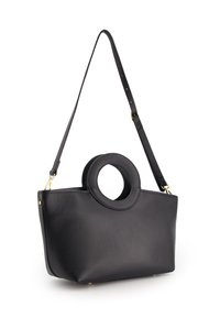 Black leather handbag with a circular handle, rectangular body, adjustable strap, and gold-tone hardware. Textured finish, minimal design.