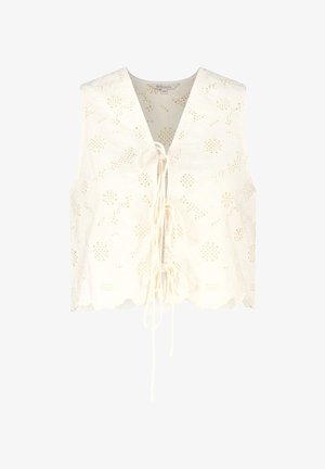 Kanten top in romein met bloemenpatroon, V-hals, striksluiting en gegolfde zoom. Textiel met structuur en uitsnijdingen.