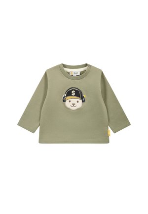 Olijfgroene langemouwen shirt met een beerafbeelding die hoofdtelefoon en een pet draagt. Gemaakt van zachte katoen met een geribbelde textuur. Aangevuld met een label.