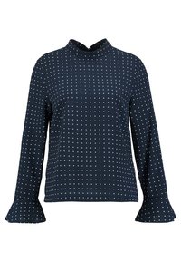 Blusa a maniche lunghe blu navy con pois bianchi, colletto alto e maniche con pantaloni a campana.