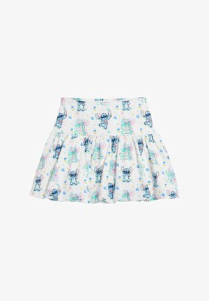 White skirt featuring a colorful cartoon pattern of a blue alien character, short, flared design, with a stretchy waistband.