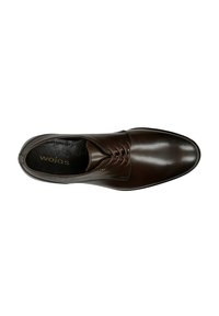 Chaussure de ville en cuir marron avec une finition lisse, un bout arrondi et un design traditionnel à lacets. Présente un branding subtil à l'intérieur de la chaussure.