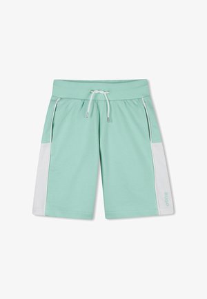 Shorts décontractés vert clair avec panneaux latéraux blancs, taille élastique, cordon blanc et poches latérales.