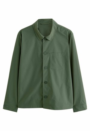 Green button-up shirt made of smooth fabric, featuring a pointed collar, long sleeves, front buttons, and a single chest pocket.