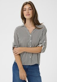 Striped button-up shirt in black and white, lightweight fabric, relaxed fit, roll-tab sleeves, paired with blue jeans.