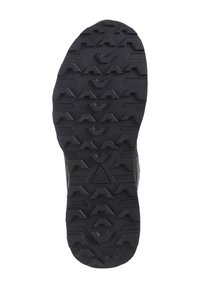 Schwarze Gummi-Außensohle mit einem tiefen, multidirektionalen Profil, das dreieckige und winkelige Formen aufweist, um den Grip und die Traktion zu verbessern.