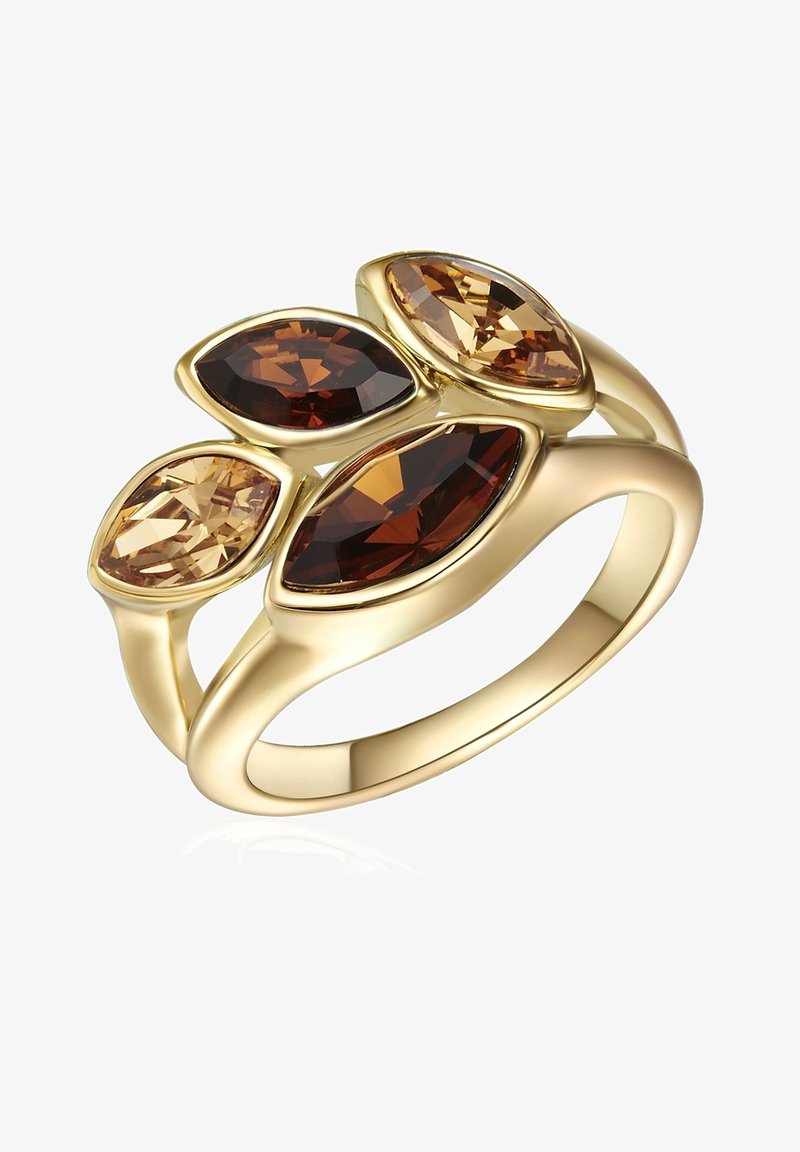 Zlatý tónovaný prsteň s tromi marquise-brúsenými sklenenými kameňmi v hnedých a šampanských odtieňoch, hladký pás s jemným zakrivením, leštený povrch.