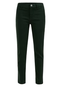 Pantaloni verde scuro in tessuto misto cotone con un design aderente, dotati di zip, chiusura con bottone e tasche standard sui fianchi.