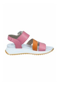 Pink and orange leather sandals with a white sole, featuring adjustable straps and a textured light brown outsole.