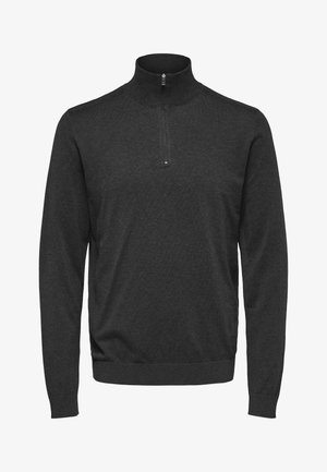 Donkergrijze pullovertrui met een ritskraag, lange mouwen, een ribgebreide zoom en een gladde brei-textuur. Minimalistisch ontwerp.