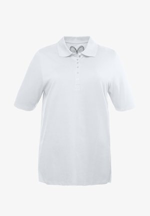 Biała koszulka polo z krótkim rękawem, klasycznym kołnierzykiem, zapięciem na guziki i miękkiego materiału. Zawiera subtelną wzorzystą metkę wewnątrz kołnierzyka.