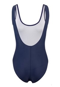 Maillot de bain une pièce bleu marine, avec des bretelles larges, un dos profond et une texture de tissu lisse. Aucun motif ni matériel supplémentaire visible.