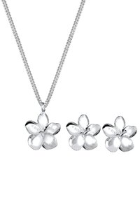Schmuckset aus Sterlingsilber mit einer blumigen Anhänger-Halskette und passenden Ohrsteckern; glänzende Oberfläche mit 925-Stempel.