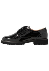 Scarpe oxford in pelle verniciata nera con finitura liscia, design con lacci, dettagli perforati e suola in gomma spessa per una presa migliore.